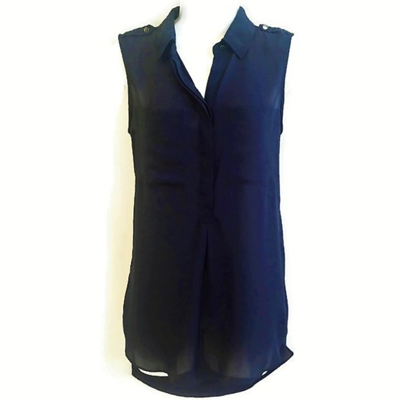 Carmen Marc Valvo Dark Navy Blue Blouse Sleeveless Button Front Hi Low Pockets S - Picture 2 of 7
